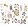 Set of Self Love clipart elements. Roller massager for the face. Pipette with a drop of oil and a gold cap. Jar with lotion and leopard label. Marble crystals w