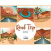 Road trip scenes bundle. Grand Canyon Scenes. Highway 66 against the backdrop of sunset and desert mountains. Horseshoe Bend on the Colorado River. Glen Canyon