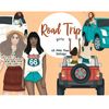 Roadtrippers girls look out of the car windows and greet each other. Rear view of a girl in a jeep driving with her hands up. A girl in a boho top with a flower