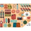 Road trip clipart set. Road sign Route 66. Orange and green tourist backpacks, suitcases, jeans, gas station pistols in female hands. sunglasses, sandals. White