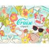 Summer sea cruise tropical travel cliparts. Palm tree with leaves and coconuts. Turquoise Eskimo. Red and orange Hawaiian hibiscus. A white-and-red life buoy an
