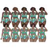Curvy plus size African American girls with bob hairstyles in green monstera palm leaf printed swimsuits stand with one hand raised to their hair. Girls have di