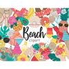 Beach summer isolated clipart elements. Tropical fruits, cut green avocado, orange pineapple in yellow sunglasses, cut grapefruit, gray pearl in open shell, pla