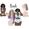 White and African American girls in tropical bikini swimsuits on vacation. Two girls plus size curvy. The other two girls are slim. One girl sits with her legs