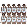 Curvy plus size African American girls with bob hairstyles in turquoise monstera palm leaf printed swimsuits stand with one hand raised to their hair. Girls hav