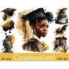 Watercolor Graduation African American Girls. Watercolor owl on a vintage clock with Roman numerals on the dial. Golden inkwell stained with ink. Graduation cak