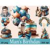 Watercolor clipart male birthday. Birthday man in a blue plaid shirt, a set of medals, a birthday cake, a set of gold and blue balloons, a birthday hat, a birth