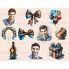Watercolor clipart male birthday. Birthday men in blue plaid shirts. One man is brunette, another with brown hair, the third is brunette. Birthday gift in a box