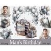 Watercolor neutral gray tones clipart male birthday. Birthday men in shirts. Layered gray birthday cake. Decoration of silver balloons with plant branches. A bu