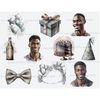 Watercolor neutral gray tones clipart african american male birthday party. Black male birthdays. Gray birthday cake. Birthday gift box, hat, balloons, beer bot