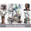 Watercolor neutral gray tones clipart african american male birthday party. Black male birthdays. One man with dreadlocks, the other with short hair. Gray birth