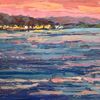 Fragment of a close-up original art. Reflection of pink sky on sea in the evening.