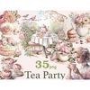 Watercolor clipart tea party. A girl with flowers in her hair in a Victorian dress drinks tea from a mug on a saucer. Vintage teapot with flowers. Lush airy cak
