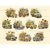 Watercolor clipart retro floral trucks with sunflowers in the trunks. Yellow truck, green and yellow truck. Farmhouse truck with flowers in the trunk. Trucks si