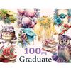 Watercolor attributes for graduation - yellow gown with flowers, turquoise Confederate cap, cake with flowers, red books with flowers, purple owl in Confederate