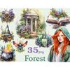 Watercolor forest fantasy red-haired witch in a robe, an open spell book with herbs on it, a rotunda in greenery, magic candles with pentagrams on them, a magic
