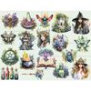 Watercolor forest wiccan fantasy witches, witch with horns on her head, witch hats, spiders, owls, pentagram candles, spell altar, potion bottles, open book wit