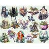 Witch watercolor forest fantasy - redhead, blonde, brunette, witch hat, black crows, butterfly, magic mushrooms, turquoise color griffins, stones with runes, wi