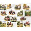 Watercolor country farm houses and landscapes on a summer sunny day, road in a corn field, red retro pickup truck and tractors, haystacks, village roads