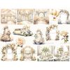 Watercolor ivory illustrations and clip arts of wedding scenes with ceremonial halls, wedding arches, wedding retro limousine, wedding tables with dishes and ca