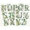 Watercolor Floral Greenery Alphabet Lettering Monograms with White Flowers and Green Foliage. Letters N, O, P, Q, R, S, T, U, V, W, X, Y, Z