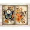 Watercolor digital pages for Junk Journal with vintage blue, orange, gray, white butterflies on summer flowers background, vintage lettering paper. Butterfly on