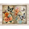Watercolor digital pages for Junk Journal with vintage red, green, orange and blue butterflies on summer flowers background, vintage lettering paper.