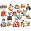 Bright watercolor illustrations of an elementary school building and bus, a teacher with a notebook in her hands, curvy body positive teacher with an apple, a m