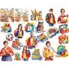 Bright watercolor illustrations of school classes, body positive teacher with apples, female teacher with apple and book, male teacher with magazine, schoolboy