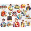 Bright watercolor illustrations of an elementary school building and bus, a teacher with a notebook in her hands, curvy body positive teacher with an apple, a m