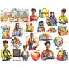 Bright watercolor illustrations of school classes, black female and male teachers, black boy and girl schoolchildren, apple, briefcase, globe, breakfast case, o