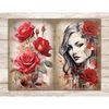Watercolor red roses with green leaves and a beautiful girl with red roses in her hair Junk Journal Pages. Floral rosebuds on sepia paper Vintage Digital Collag