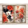 Watercolor red roses with green leaves and a beautiful brunette girl with red roses in her hair and red lipstick on her lips Junk Journal Pages. Floral rosebuds