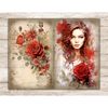 Beautiful girl with a red rose in her hands Junk Journal Pages. Watercolor red roses with green leaves on sepia paper with handwritten text in ink. Floral roseb
