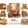 Watercolor autumn cozy scenes of house interiors with pumpkins and foliage, fireplace, veranda with sofa, autumn house outdoors, wooden doors with metal rod fen