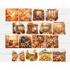 Watercolor autumn cozy scenes of house interiors with pumpkins and foliage, fireplace, porch with sofa. Pumpkin farm with a farmhouse and pumpkins in front of i