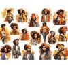 Watercolor portraits of fashionable black girls in autumn foliage. Girls have different hair colors - brunettes, brown hair, body type - thin and curvy plus siz