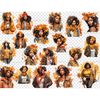 Watercolor portraits of fashionable black girls in autumn foliage. Girls have different hair colors - brunettes, brown hair, body type - thin and curvy plus siz