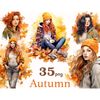 Five watercolor autumn foliage portraits of white girls. Three girls in orange hats. All girls have different shades of hair colors - red, blonde, light brown,