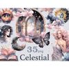Watercolor celestial girls. One brunette girl. Another girl with red hair in a light heavenly dress. Butterfly in the color of the night sky. Sun and crescent m