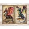 Junk Journal pages with watercolor fairy tale mythical dragons. On the left is a blue-green dragon with red wings. On the right, a green dragon with horns stand