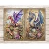 Junk Journal pages with watercolor fairy tale mythical dragons. On the left is an orange dragon with purple-blue wings. Next to him sits a small dragon without