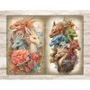 Junk Journal pages with watercolor fairy tale mythical dragons. On the left are the heads of three dragons in flowers. One head is orange, the other is blue, th