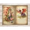 Junk Journal pages with watercolor fairy tale mythical dragons. On the left is a green dragon with orange wings in flowers. On the right is a purple dragon with
