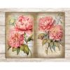 Junk Journal pages with watercolor peonies. On the left, large pink peonies with greenery against the background of old vintage paper with cursive notes. On the