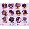 Watercolor black African American girls personifying the zodiac signs - Aries, Taurus, Gemini, Cancer, Leo and Virgo, to the south - Libra, Scorpio, Sagittarius
