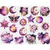 Watercolor purple sun and moon, crescents, flowers against the background of clouds, night sky, space nebulae, five-pointed star, butterfly with black wings wit