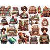 Watercolor portraits of black girls book lovers with books in their hands. Girls have different hair colors. Bookcases with shelves and books. Vintage telephone