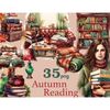 Watercolor portrait of a fair-skinned girl lover of books with a stack of books in her hands in a warm autumn sweater. A suitcase with books on it. A cozy sofa