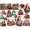 Watercolor portraits of white girls book lovers in warm autumn sweaters with books. Girls have different hair colors. Autumn warm clothes - hat and sweater. The